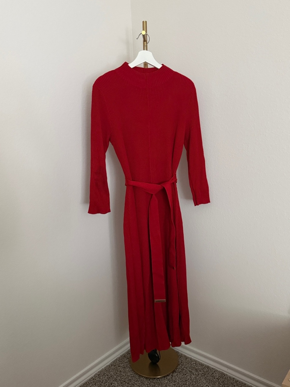 Calvin Klein Red Ribbed Midi Dress with Tie Belt